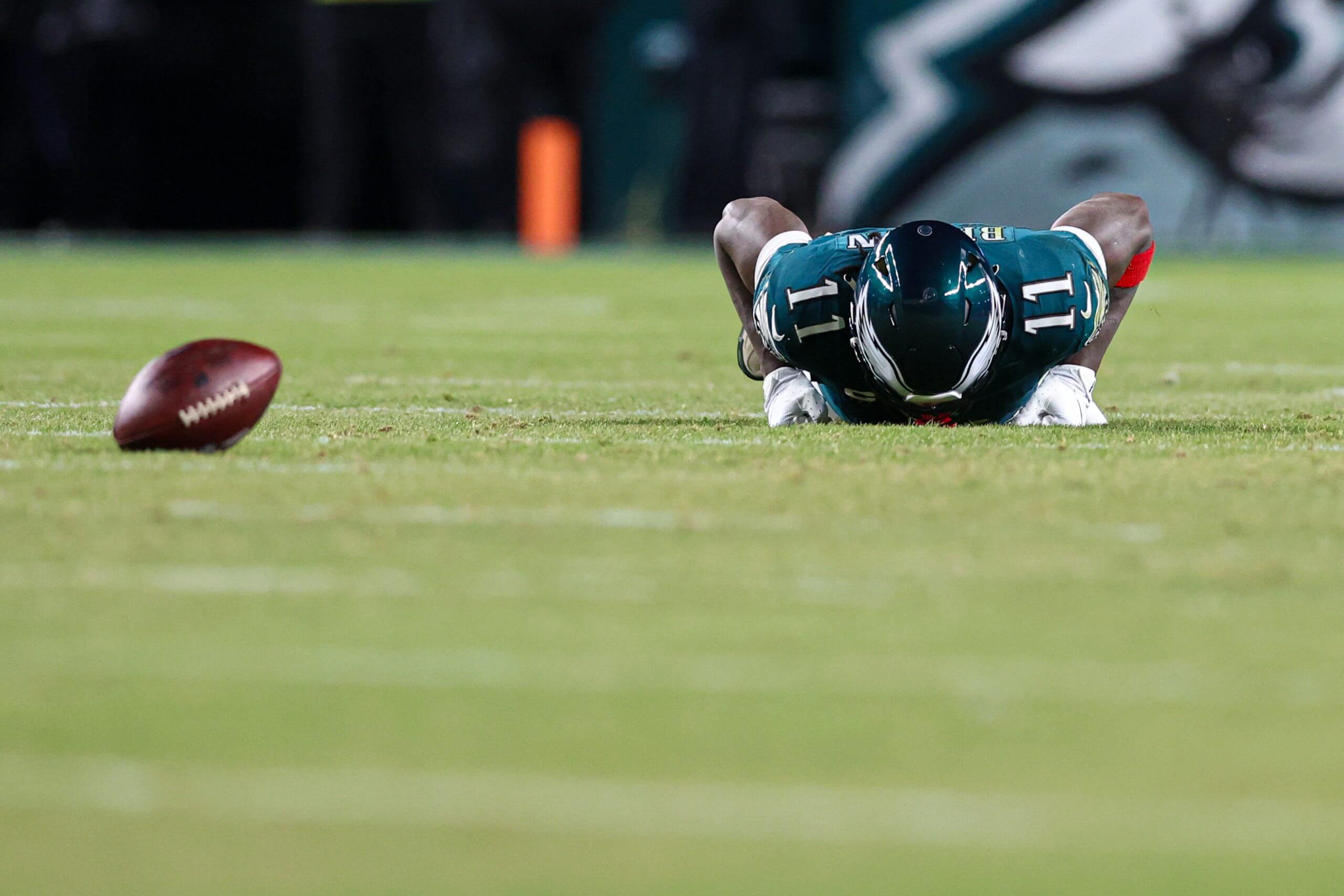 Philadelphia Eagles wide receiver A.J. Brown (11) on the turf after a missed catch against the San Francisco 49ers in an NFC Wild-Card Round game at Lincoln Financial Field.