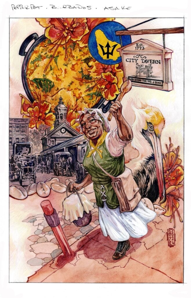 A painting of a Black woman making pepperpot soup.