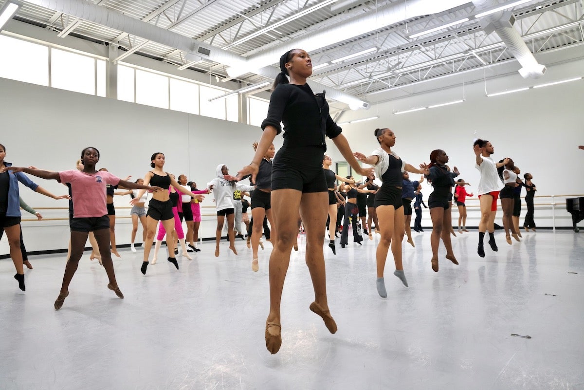 Young dancers working on their jumps during a weeklong camp