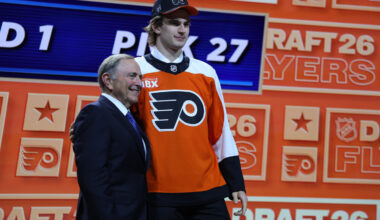Jun 26, 2026; Buffalo, New York, USA; Maksim Sokolovskii reacts beside NHL commissioner Gary Bettman after being selected with the twenty seventh pick in the first round of the 2026 NHL Draft by the Philadelphia Flyers at KeyBank Center.