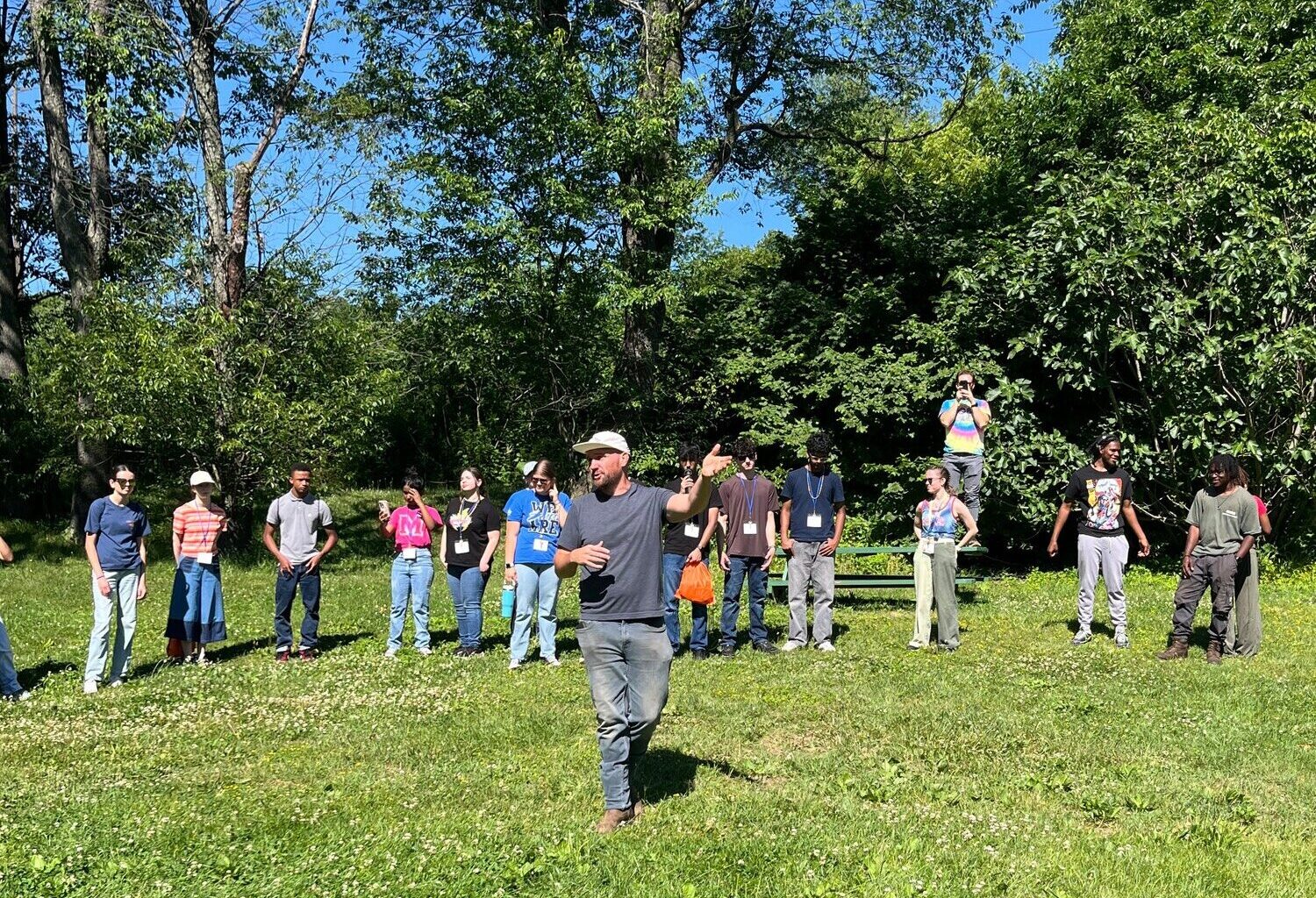 Ty Holmberg talks about local food sovereignty during a volunteer day at Sankofa Farm in Bartram&rsquo;s Gardens, on Monday, June 15.