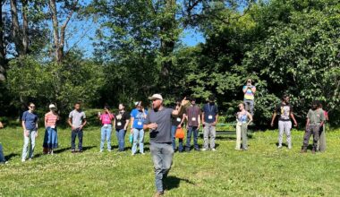 Ty Holmberg talks about local food sovereignty during a volunteer day at Sankofa Farm in Bartram&rsquo;s Gardens, on Monday, June 15.
