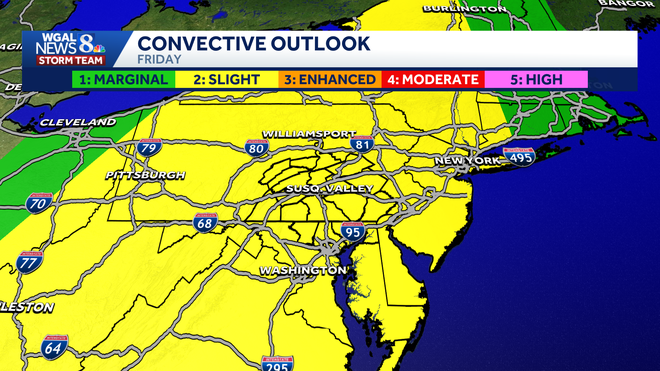 Showers with embedded downpours are moving west to east across the Susquehanna Valley as a warm front approaches, and more thunderstorms are expected through Friday.