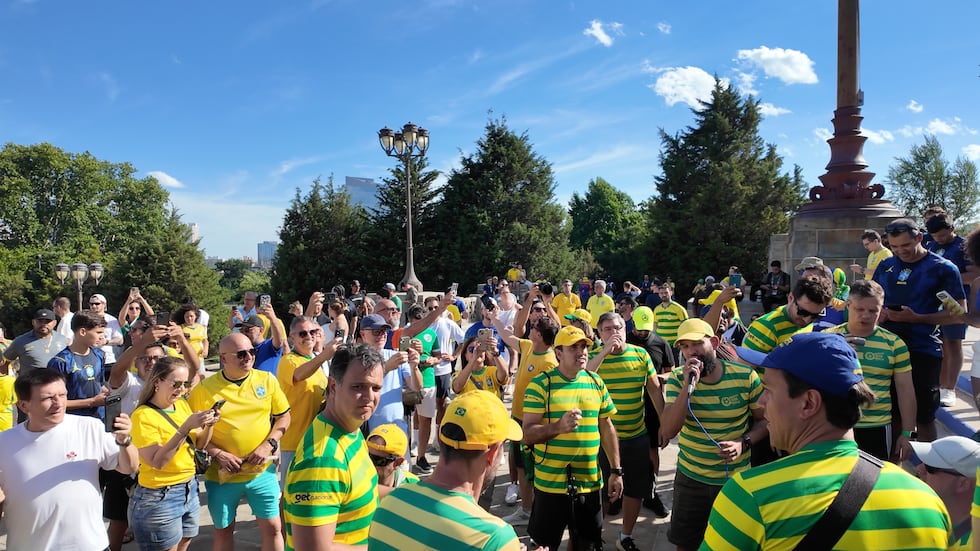 Brazilian fans gathered at the Rock Steps in Philadelphia ahead of the World Cup match with...