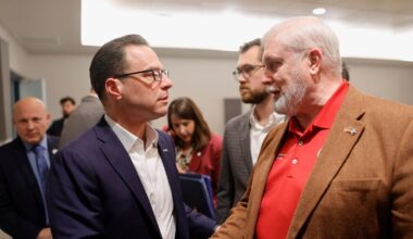 Gov. Josh Shapiro shakes hands with Berks County Commissioner Christian Leinbach. |