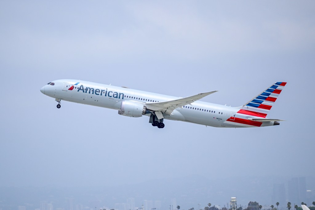 Boeing 787 Dreamliner operated by American Airlines taking off from Los Angeles International Airport.