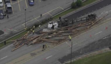Log truck overturns in Butler County, Pennsylvania