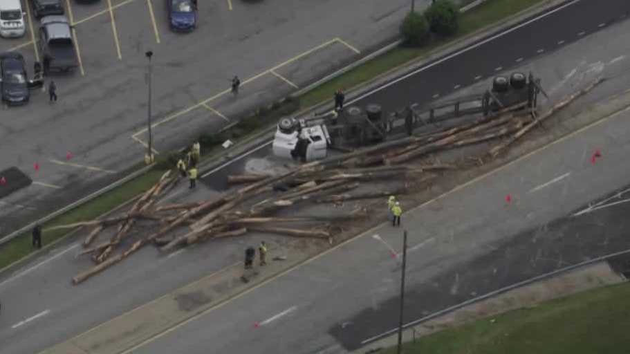 Log truck overturns in Butler County, Pennsylvania