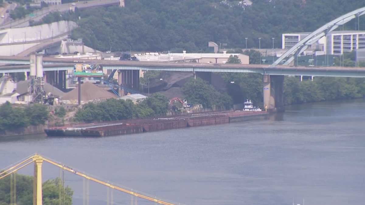 Barge repositioned after caught drifting ashore due to high winds in Pittsburgh