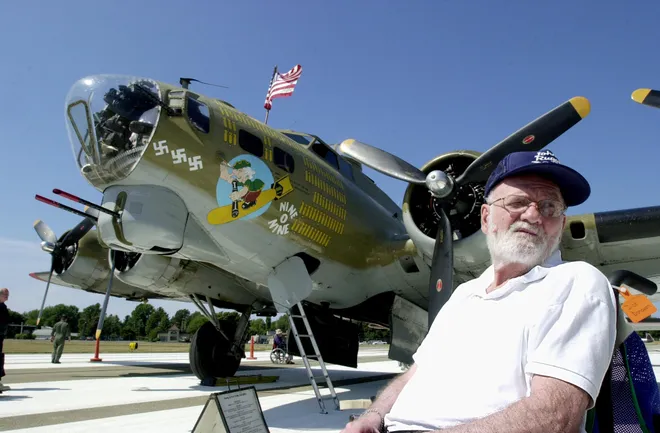 Richard Donovan, a Pennsylvania Soldiers & Sailors' resident who served as a U.S. Army Air Force gunner mechanic on a B-17 Flying Fortress in the 401st Bomb Group, 614th Bomb Squadron in World War II, headed to Erie International Airport in August 2001 to see a visiting B-17.