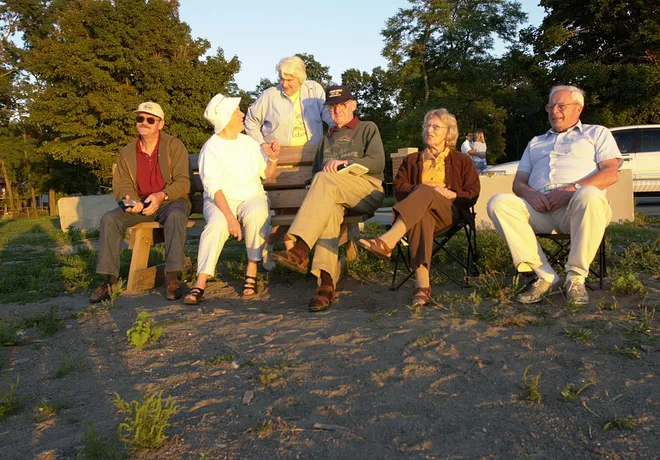 From left, Dick Tefft, Mary Ann Larsen, Kathryn Kidder, Al Larsen, Heddy Quest and Sid Dailey gather at Freeport Beach in North East in August 2001 to watch the sun set. Photo gallery: Does Erie have the 2nd-best sunsets in the world?