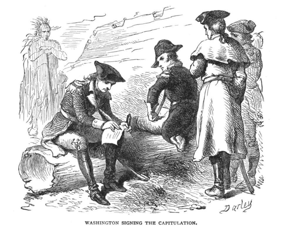 A black and white illustration showing George Washington signing a document.