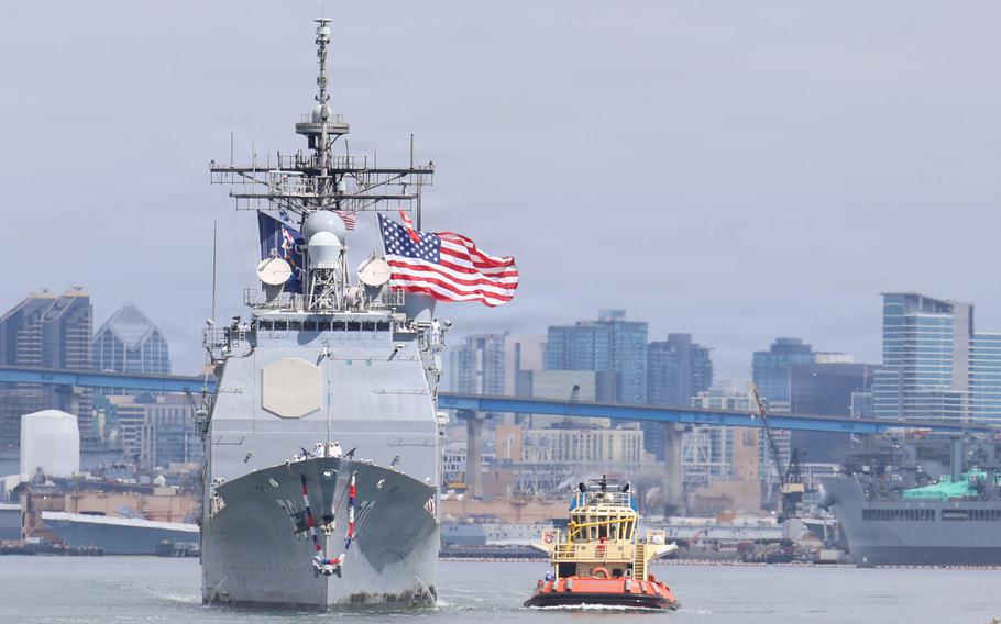 Ticonderoga-class guided-missile cruiser USS Lake Erie returns to its homeport, Naval Base San Diego, on June 27, 2026.