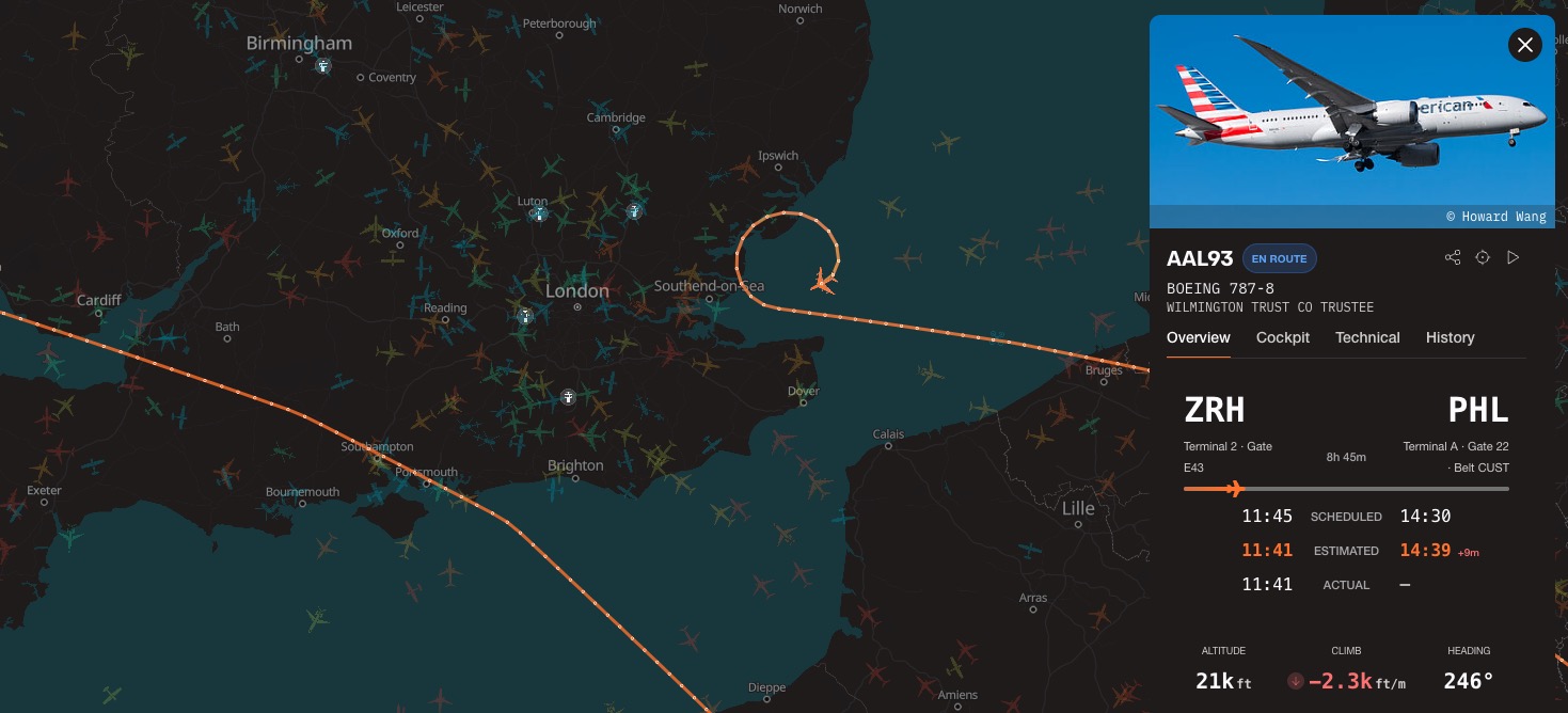 American Airlines flight AA93 to Philadelphia is declaring an emergency off UK coast