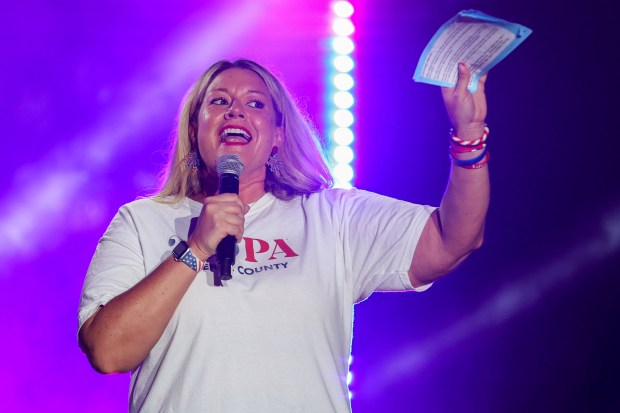 Cassandra Coleman, CEO of America250PA, speaks at the America250PA concert at Kirby Park on Saturday, June 20, 2026. (JASON ARDAN / STAFF PHOTOGRAPHER)