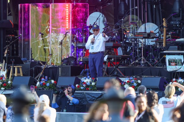 Wilkes-Barre mayor George Brown talks on stage at the America250PA concert at Kirby Park on Saturday, June 20, 2026. (JASON ARDAN / STAFF PHOTOGRAPHER)