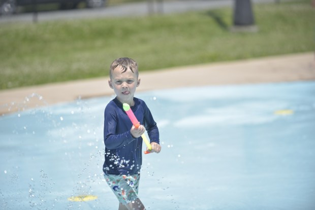 A child plays on the splash pad at Novembrino Park in Scranton on Monday, June 29, 2026. (CHAD SEBRING/STAFF PHOTO)