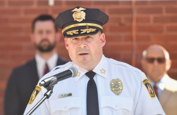Wilkes-Barre police Chief Michael Boyle speaks during a press conference held by the U.S. Attorney's Office in front of Wilkes-Barre police headquarters Friday, May 29, 2026. (SEAN MCKEAG / STAFF PHOTOGRAPHER)