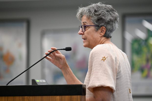 Resident Carol Campbell speaks at a special Town  Council meeting in Erie on Tuesday. (Matthew Jonas/Staff Photographer)