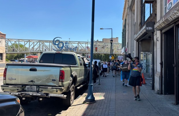 The Pride protest marches up Garrett Road on its way to the Delco Pride Festival Saturday. (KATHLEEN E. CAREY - DAILY TIMES)