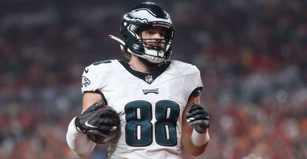 Philadelphia Eagles tight end Dallas Goedert (88) scores a touchdown against the Tampa Bay Buccaneers after a reception during the first half of a 2024 NFC wild card game at Raymond James Stadium.