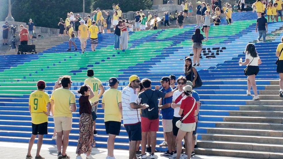 Brazilian fans gathered at the Rocky Steps in Philadelphia ahead of the World Cup match with...