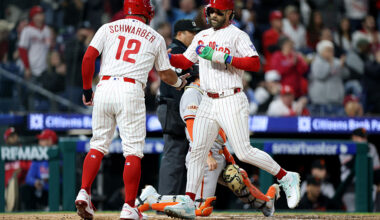 PHILADELPHIA, PENNSYLVANIA - APRIL 28: Bryce Harper #3 and Kyle Schwarber #12 of the Philadelphia Phillies celebrate scoring on a two-RBI double by Adolis García #53 (not pictured) in the sixth inning during a game against the San Francisco Giants at Citizens Bank Park on April 28, 2026 in Philadelphia, Pennsylvania. (Photo by Emilee Chinn/Getty Images)
