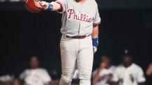 BALTIMORE, MD - JULY 13: John Kruk #29 of the Philadelphia Phillies on the National League team strikes out in the third innning against Randy Johnson #51 of the Seattle Mariners on the American League team during the 1993 All-Star Game on July 13, 1993 in Oriole Park at Camden Yards in Baltimore, Maryland. The American League defeated the National League 9-3. (Photo by MLB via Getty Images)
