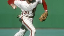 PHILADELPHIA, PA - CIRCA 1980's: Third Baseman Mike Schmidt #20 of the Philadelphia Phillies in action at making the play at thirdbase during a circa 1980's Major League Baseball game at Veterans Stadium in Philadelphia, Pennsylvania. Schmidt played for the Phillies from 1972-89. (Photo by Focus on Sport/Getty Images)