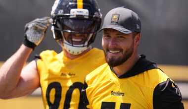 Pittsburgh Steelers linebackers T.J. Watt, left, and Nick Herbig participated in the team's practice in Pittsburgh on Tuesday.