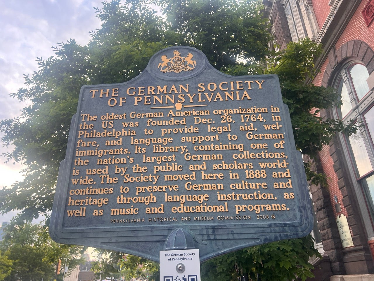 German Society of Pennsylvania Blue and Gold Historical Landmark Placard in PA. Telling the history of the site.