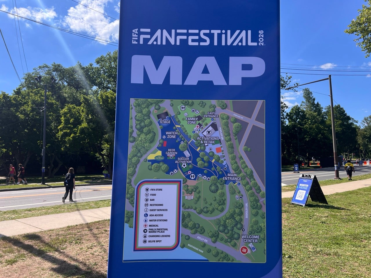 A large blue sign with a map of the FIFA Fan Festival in Lemon Hill.