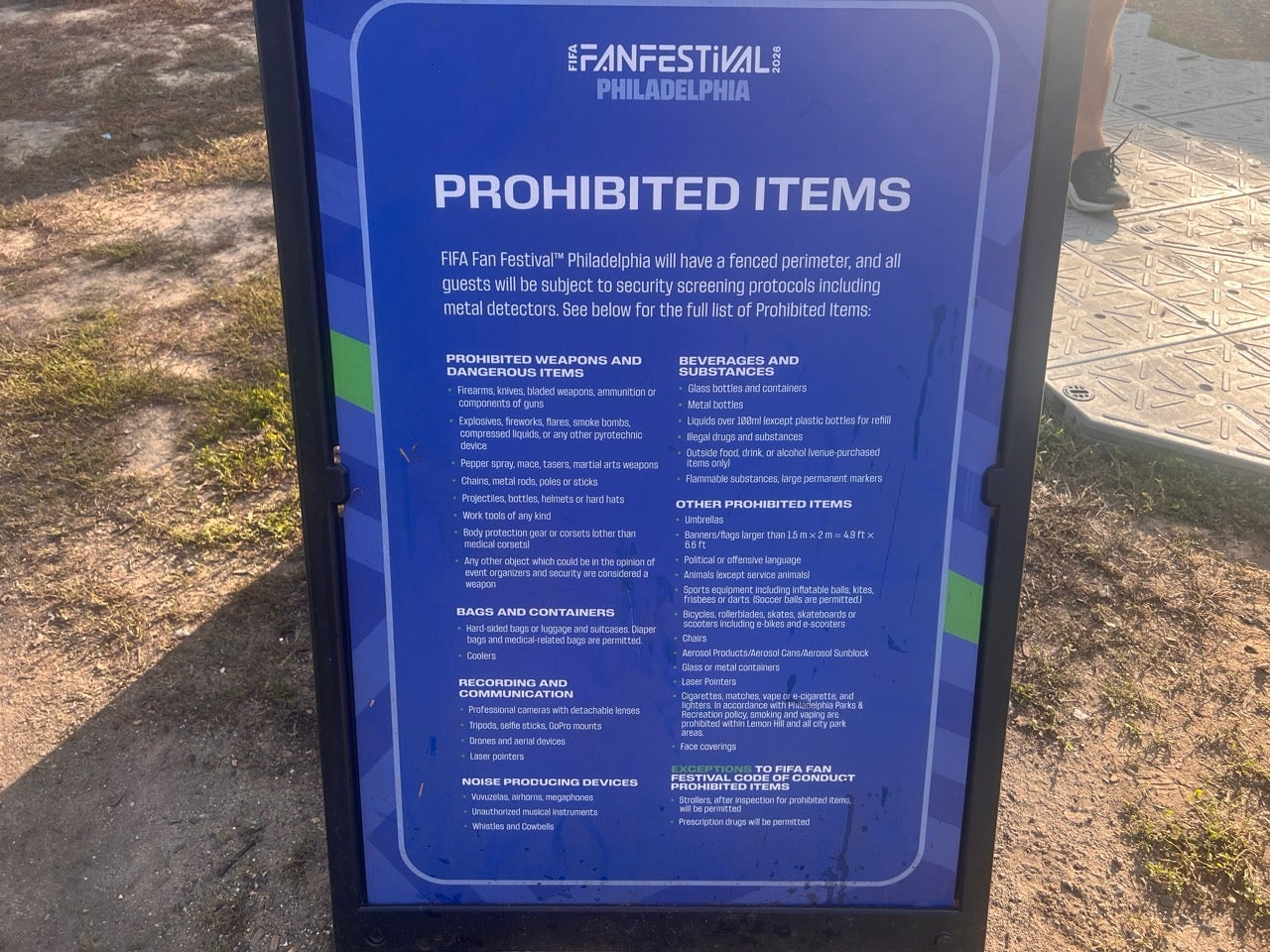 List of the Prohibited Items at the FIFA Fan Festival in Lemon Hill