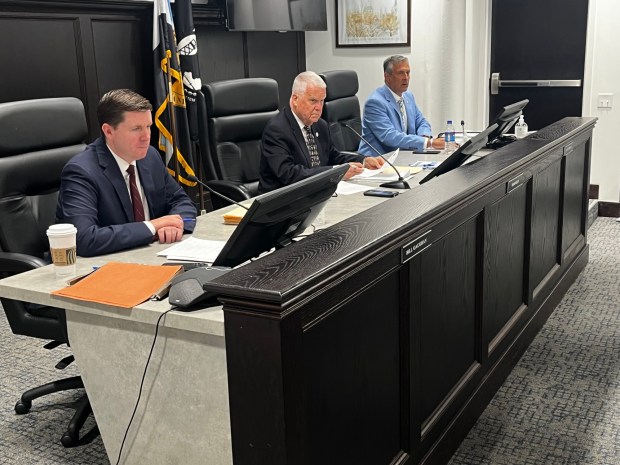 Lackawanna County Commissioners Bill Gaughan, Thom Welby and Chris Chermak participate in a meeting at the county government center in Scranton on Wednesday, June 17, 2026. (JEFF HORVATH/STAFF PHOTO)