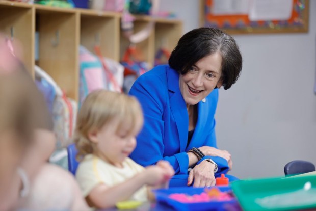 Valeria Arkoosh, Pennsylvania secretary of Human Services, visits with some children at the Boyertown Children's Center on Tuesday. (Image via office of Valerie Arkoosh)