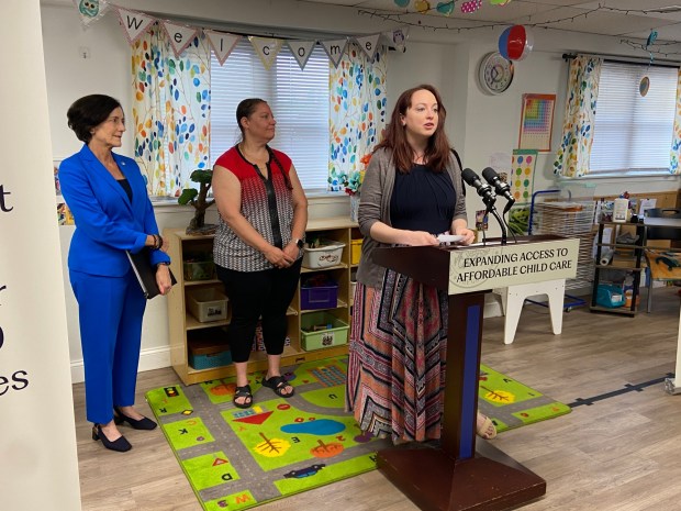 Caitlin Williams, a registered nurse, said she would not be able to do her essential work if it were not for affordable childcare, as she receives at Boyertown Child Care. (Evan Brandt -- MediaNews Group)