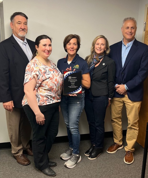 Gale Ferranto, president, Buona Foods, was named Pennsylvania's Small Business Person of the Year by the U.S. Small Business Administration. Representatives from the Small Business Administration visited Buona Foods on May 27 to recognize Ferranto. In this photo, left to right are: Jim Spencer, SBA Mid-Atlantic regional administrator; Colleen LaCoss, WBEC-East WBC director; Ferranto; Rachel Roberts, American Mushroom Institute president; and Steve Dixel, SBA Eastern PA district director.(Courtesy SBA Eastern PA District)