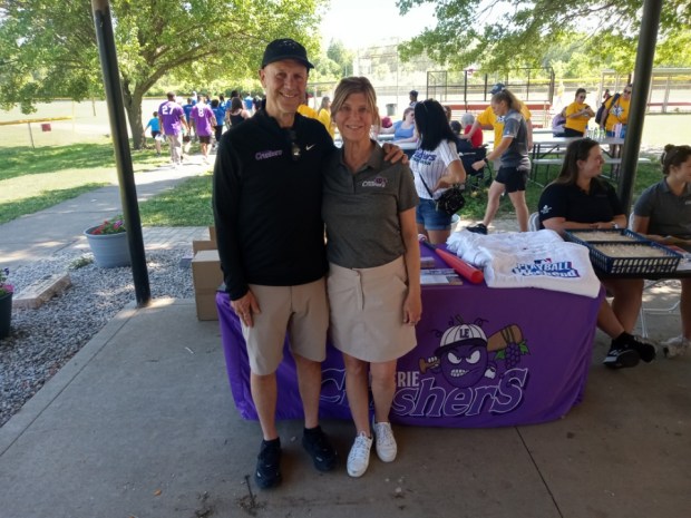 Len Komoroski, chairman and managing partner of the Lake Erie Crushers, and his wife, Denise, attended the Play Ball Weekend at Volunteer Field, which is located on the border of Sheffield Village and Sheffield Lake. (Bob Stascak - For The Morning Journal)
