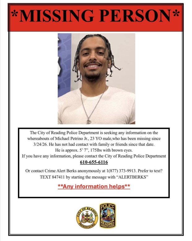 Michael Patrino Jr. was kidnapped March 25 , 2026 in Reading and remains missing nearly three months later, according to city police.