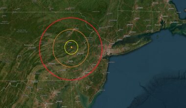 The epicenter of the earthquake was at the orange dot inside the colored concentric circles on the map. Image: USGS