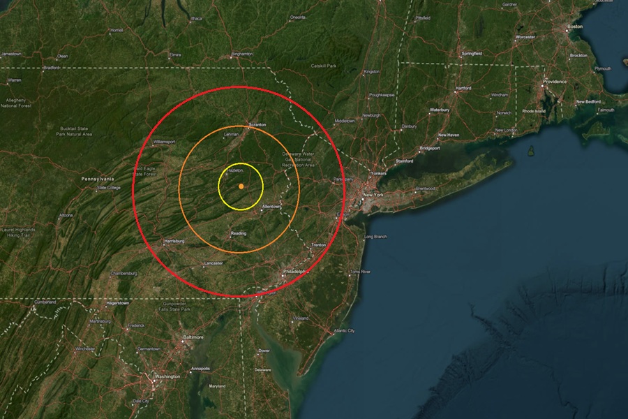 The epicenter of the earthquake was at the orange dot inside the colored concentric circles on the map. Image: USGS