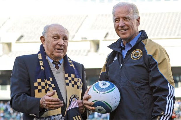 Soccer legend Walter Bahr speaks with then-Vice President Joe Biden before an April 10, 2010, game between the Philadelphia Union and D.C. United in Philadelphia. (AP Photo/Drew Hallowell) 