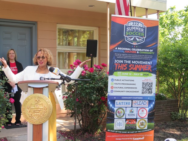State Rep. Johanny Cepeda-Freytiz on Thursday announces the official launch of the 222 Corridor Summer Soccer Series, a joint effort among Reading, Lancaster and Allentown that will bring dozens of World Cup-related fun to the region. (DAVID MEKEEL - READING EAGLE)