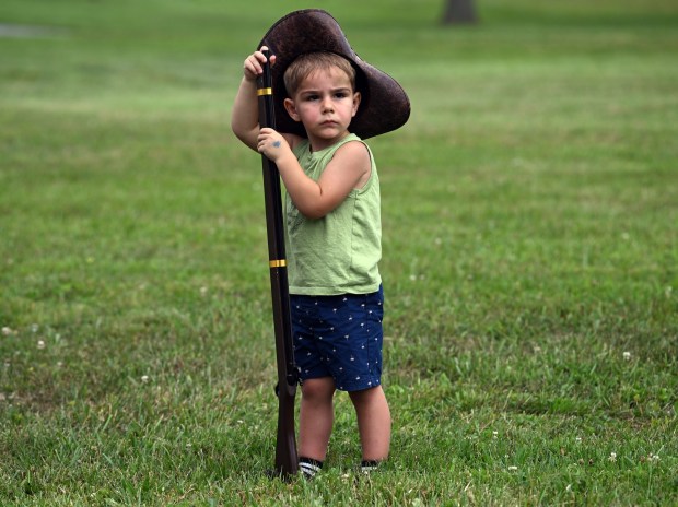 Griffin Parish, 3, son of Alex and Jeremy Parish of Birdsboro, drills with a toy rifle during the Colonial 250th Anniversary Celebration at the Daniel Boone Homestead in Exeter Township on Saturday, June 27, 2026. (BILL UHRICH/READING EAGLE)