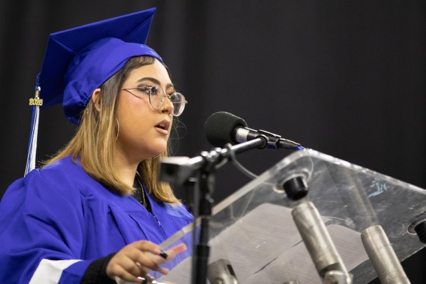 Class speaker Dynastie Feliciano urged the Exeter Township Senior High Class of 2026 to thank their heroes. (Photo courtesy of Exeter Township School District)
