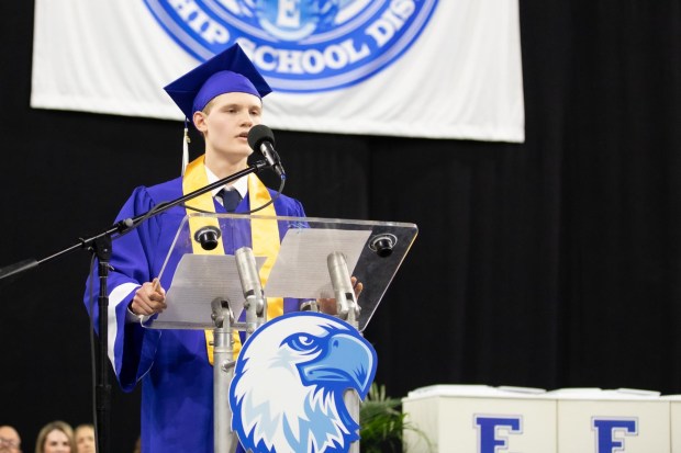 Class speaker Shaun Rathman discussed perseverance over any harmful force in life during the Exeter Township Senior High Class of 2026 graduation ceremony on June 4. (Photo courtesy of Exeter Township School District)