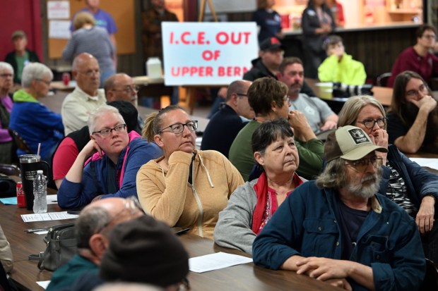 Over 175 people attend an ICE Out of Upper Bern Town Hall at the Shartlesville Fire Company on Sunday, March 22, 2026. (BILL UHRICH/READING EAGLE)