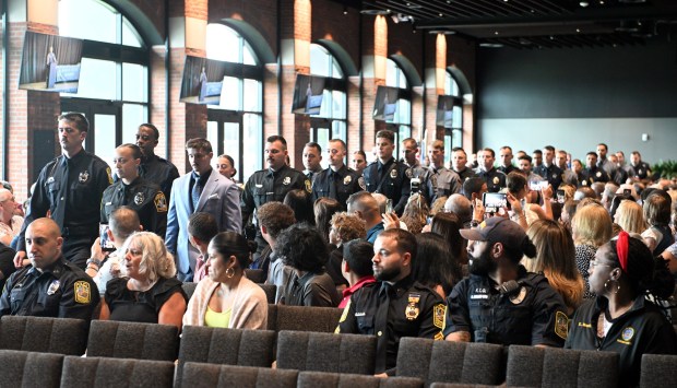 The graduating class marches to their seats during the 50th anniversary Reading Police Academy graduating class ceremony in the Redner's Event Center at FirstEnergy Stadium on Friday, June 26, 2026. (BILL UHRICH/READING EAGLE)