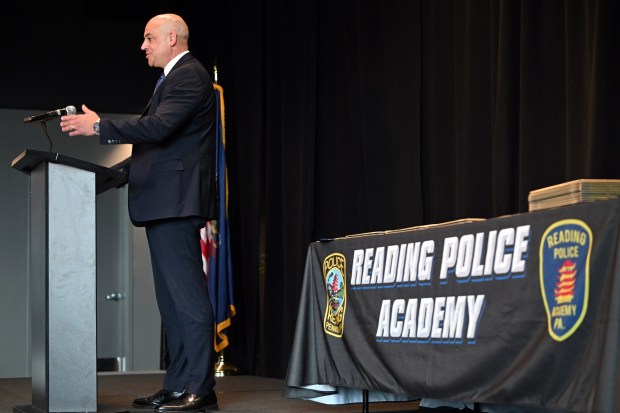 Pennsylvania Attorney General David W. Sunday Jr. addresses the 50th anniversary Reading Police Academy graduating class in the Redner's Event Center at FirstEnergy Stadium on Friday, June 26, 2026. (BILL UHRICH/READING EAGLE)