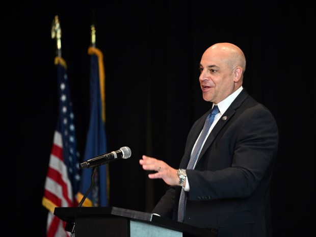 Pennsylvania Attorney General David W. Sunday Jr. addresses the 50th anniversary Reading Police Academy graduating class in the Redner's Event Center at FirstEnergy Stadium on Friday, June 26, 2026. (BILL UHRICH/READING EAGLE)